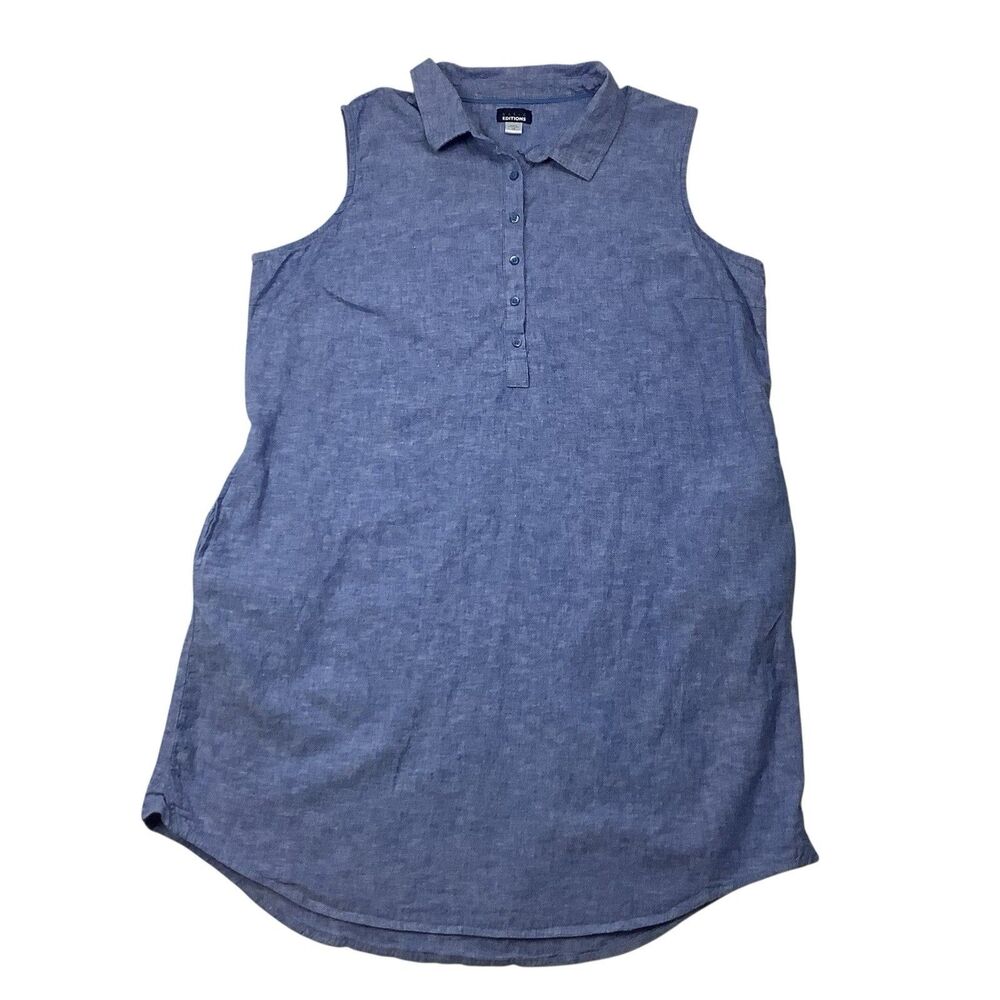 Basic Editions Women 1X Blue Linen Cotton Shift Dress Sundress Sleeveless Collar